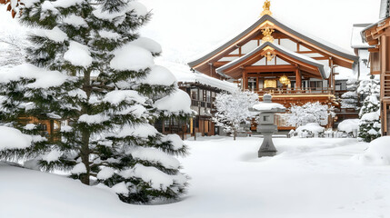 Snowy winter temple courtyard, Japan, peaceful scene, possible use for travel brochure or calendar