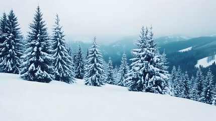 Snowy mountain forest landscape; serene winter scene; peaceful mountain range; perfect for winter themes
