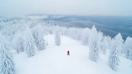 Obraz premium Snowy mountain slopes with skier, aerial view
