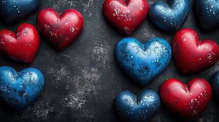 Fototapeta premium Juneteenth tribute hearts in red and blue on a black backdrop, marking freedom from slavery the top view image invites social text or ad placement.