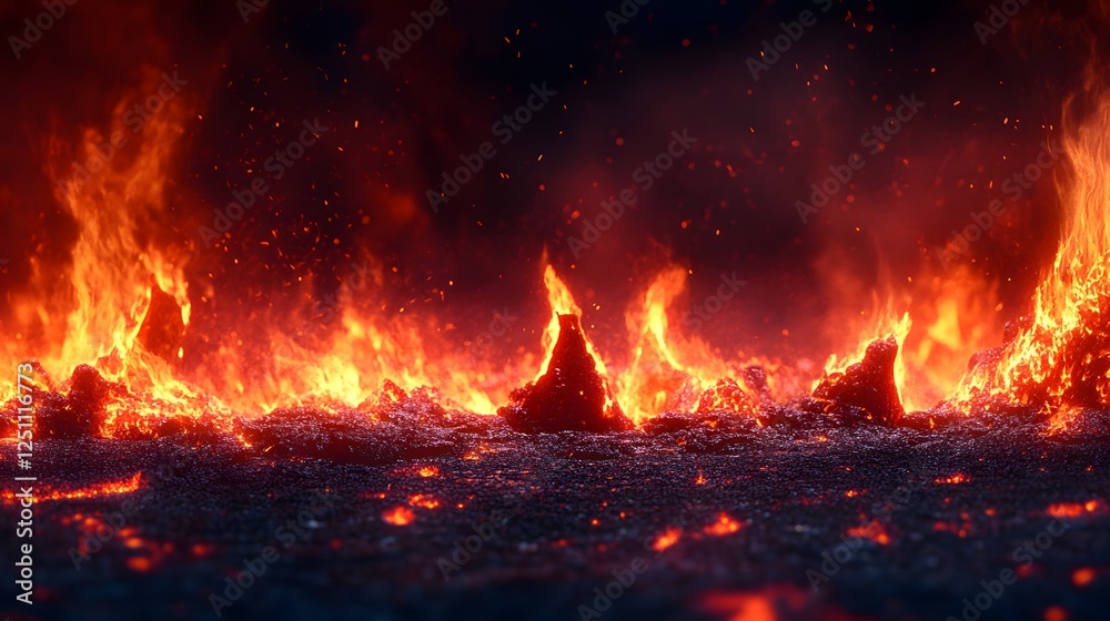 Poster intense fiery wildfire raging across a vast scorched landscape creating a dramatic apocalyptic scene