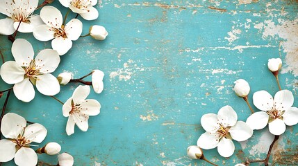 White Spring Blossoms on Rustic Teal Wood