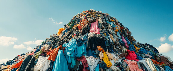 A large pile of discarded clothes in a landfill under the clear sky, symbolizing overconsumption, fast fashion waste, and environmental impact of textile industry.