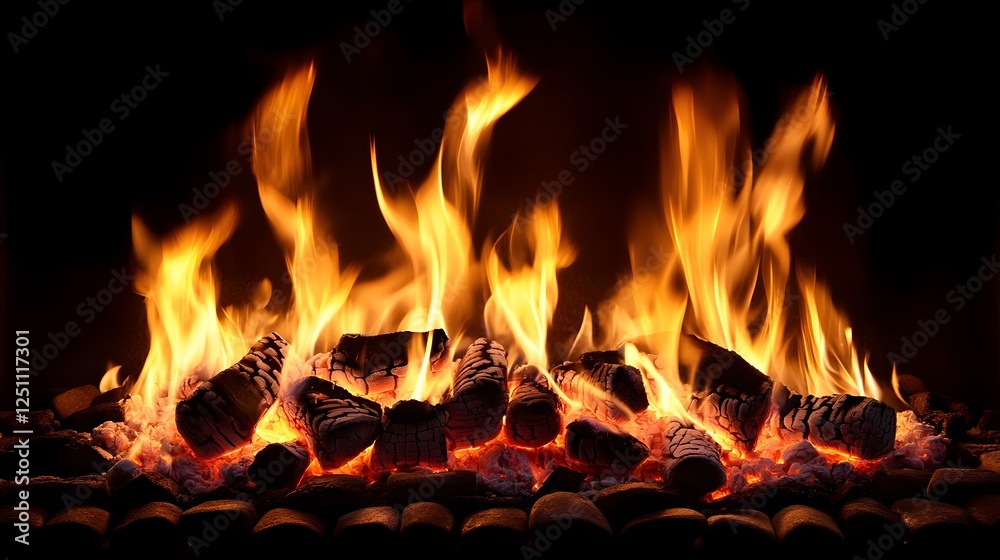 Poster intense flames dancing in a fiery blaze of bright light and crackling heat glowing embers charred wo
