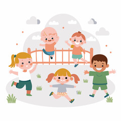 Fototapeta premium Playful children illustration in a park setting showcasing joy and energy in outdoor activities 