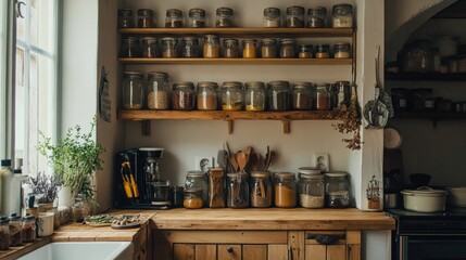 A cozy kitchen with wooden shelves, jars, and utensils, bathed in soft light.