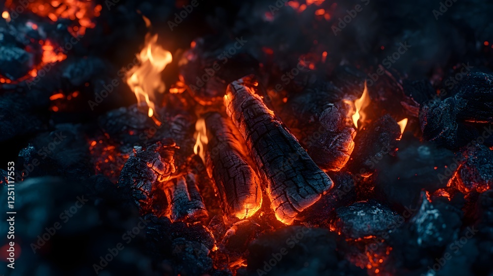 Poster intense flames engulf charred logs emitting a fiery glow and billowing smoke in a dramatic blaze the