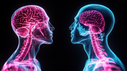 Two brains facing, communication, anatomy, dark background, medical illustration