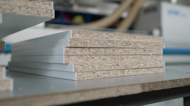 White-coated particle boards stacked neatly in furniture factory, awaiting further processing and manufacturing stages