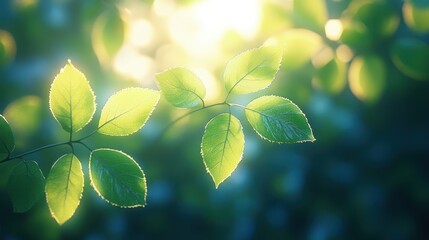 Sunlight on green leaves, forest background, nature, spring