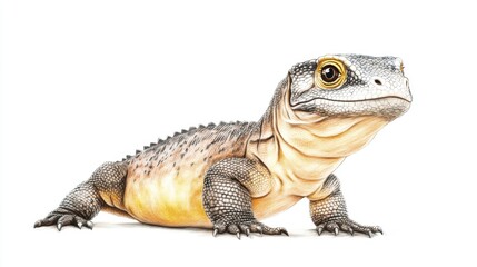 Obraz premium Detailed Pencil Drawing of a Young Gray and Tan Lizard on White Background