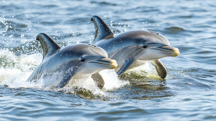 Fototapeta premium Two dolphins leaping in ocean water