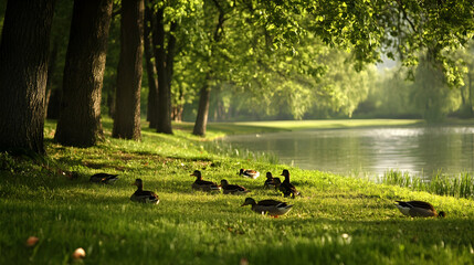 Ducks resting by a park lake in morning light