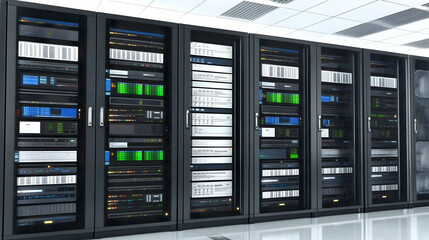 Modern server racks in a data center; rows of computer equipment; technology; future; possible use stock photo