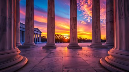 Fototapeta premium Classical columns on a historic government building with vibrant sunset sky in the background