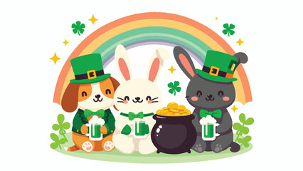 A group of cute animals (like a dog, cat, and rabbit) wearing green hats and bow ties, holding mugs of green drinks and sitting around a pot of gold under a rainbow 