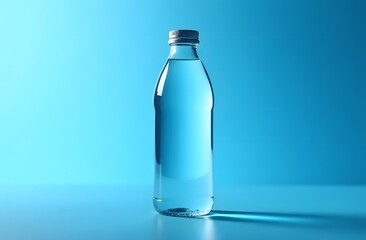 Naklejka premium clear water in a glass bottle on a pale blue background. Monochrome photo with a blue tint
