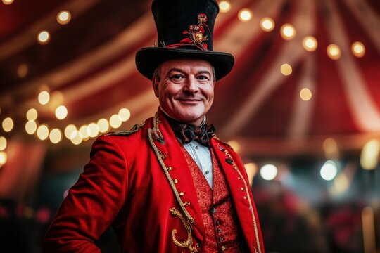 Charismatic ringmaster in striking red coat captivates audience under circus tent lights. Generative AI