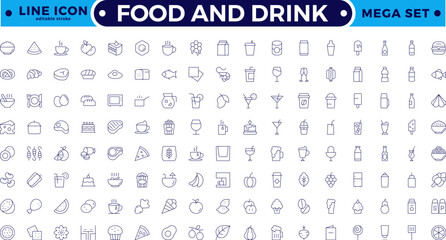 Food icon collection. Containing meal, restaurant, dishes and fruits icon. Set of outline icons related to food and drink. Editable stroke outline icon.
