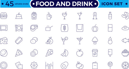 Food icon collection. Containing meal, restaurant, dishes and fruits icon. Set of outline icons related to food and drink. Editable stroke outline icon.

