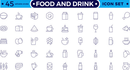 Food icon collection. Containing meal, restaurant, dishes and fruits icon. Set of outline icons related to food and drink. Editable stroke outline icon.
