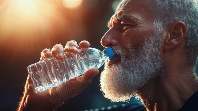 Middle-aged man in sportswear drinking water during workout on a treadmill, back to the camera