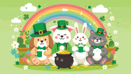 A group of cute animals (like a dog, cat, and rabbit) wearing green hats and bow ties, holding mugs of green drinks and sitting around a pot of gold under a rainbow 
