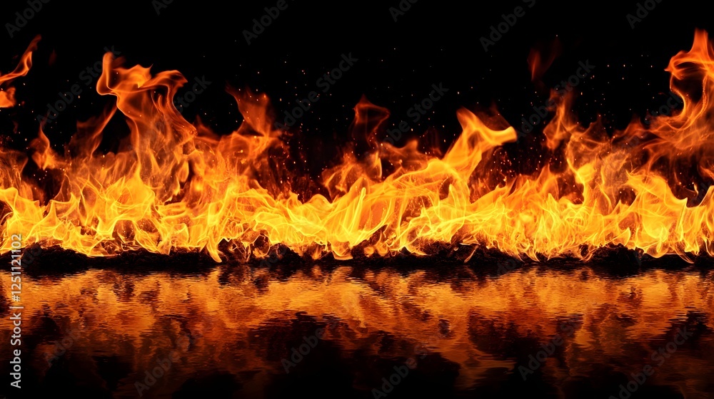 Poster intense raging flames consuming in a powerful blaze with a bright fiery orange glow lighting up the 