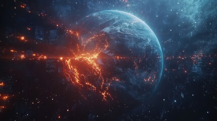 Obraz premium Futuristic Earth-centered network with glowing crypto nodes and IoT connections, symbolizing global digital connectivity.