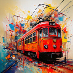 Fototapeta premium Red old tram painting, watercolor wall art paint