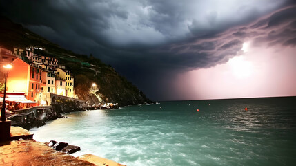 Colorful village by the sea during a dramatic storm at night