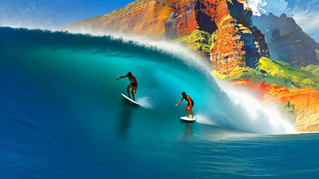 A skilled surfer catches a massive wave, showcasing agility and confidence. The stunning backdrop of turquoise waters and golden sands highlights the thrill and freedom of ocean sports