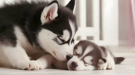 Two husky puppies cuddling on a light floor.  Possible use stock photo for pet adoption campaigns