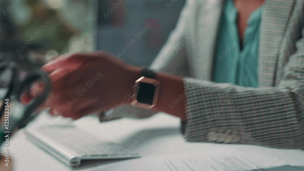 Poster Smart watch, scroll and hands of business woman in office for message notification, clock or monitor. Wireless connection, search and typing with closeup of employee and phone for time or mobile link