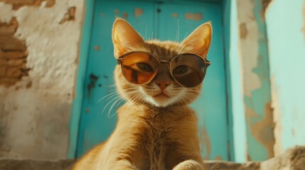 Playful ginger cat wearing sunglasses, exuding cool charm and modern style.
