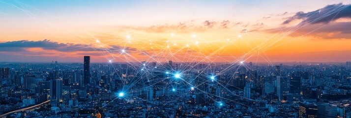 Obraz premium Modern metropolis at dusk with glowing network connections, symbolizing global technology.