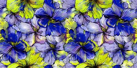 Vibrant seamless floral pattern with colorful flowers, leaves and berries on a neon background. Perfect for textiles, wallpapers and digital projects. Botanical elegance in a uniform style.