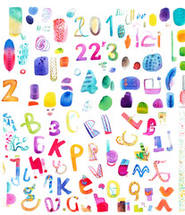 カラフルでかわいい水彩イラスト・アイコン　セット　絵本　数字　文字
