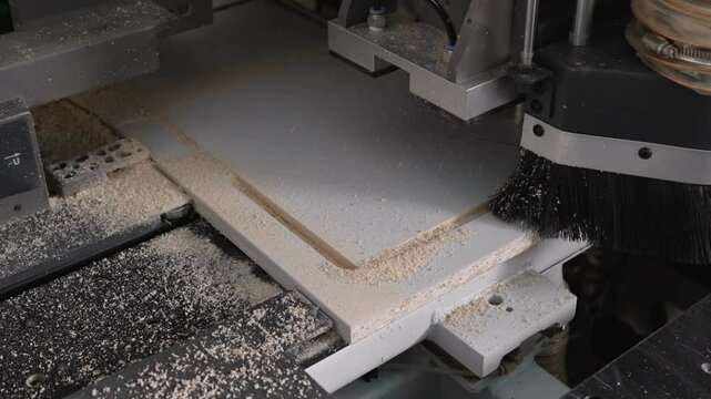 Automated cnc router efficiently cuts intricate shapes into a wood panel, showcasing precision and modern manufacturing