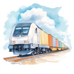 Obraz premium A colorful freight train travels along a track under a blue sky with fluffy clouds, showcasing a vibrant array of cargo containers.