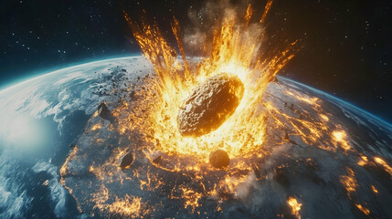 Massive asteroid impact on earth with fiery explosion in space