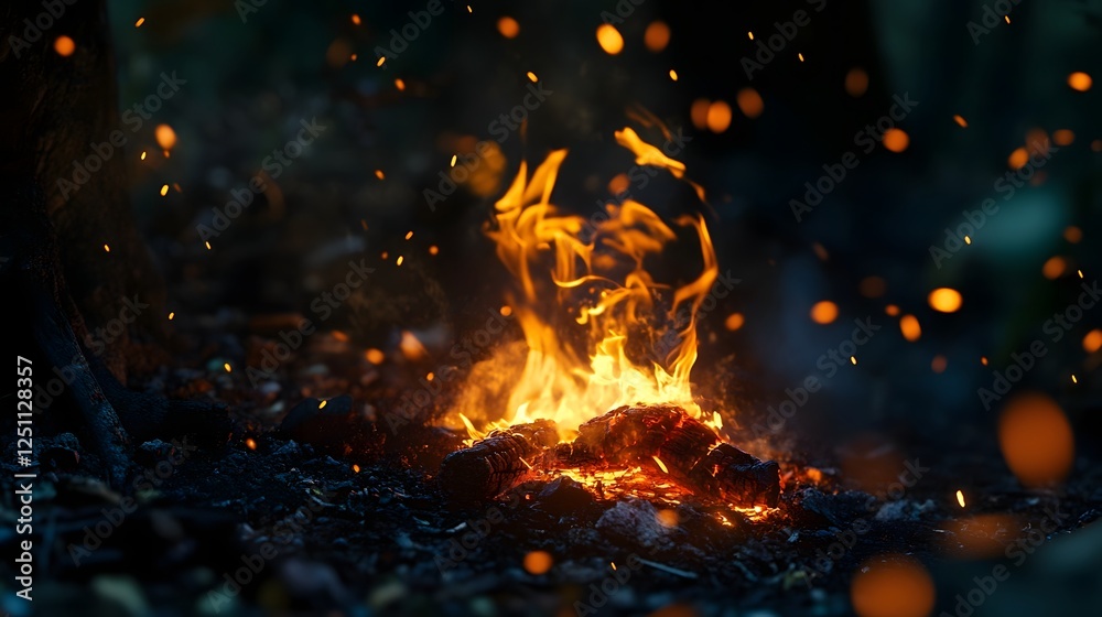 Poster captivating image of a crackling vibrant campfire surrounded by a snowy forest landscape creating a 