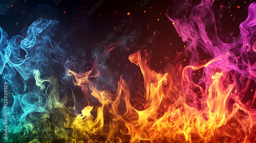 Poster Mesmerizing Chromatic Flames   Vibrant Fiery Background with Dynamic Abstract Patterns  Captivating image of colorful intense flames and smoke creating a visual effect