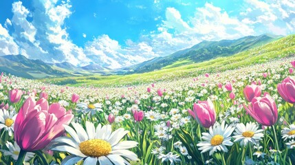Fototapeta premium A vibrant flower field blossoms beneath a sunny sky
