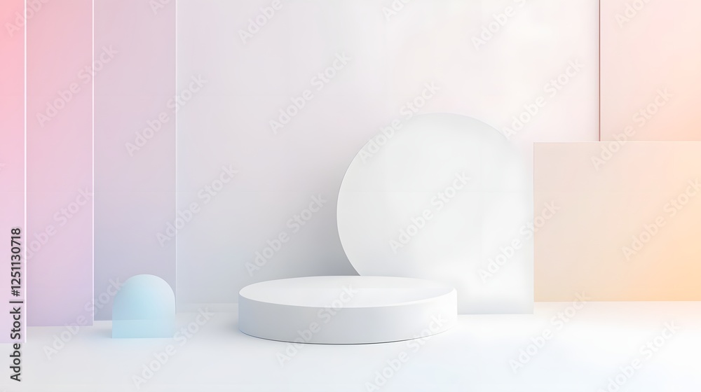 Poster minimal geometric abstract sphere on pastel colored podium platform in clean studio scene