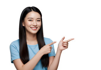 Beautiful healthy young woman smiling with her finger pointing at background with copy space, isolated