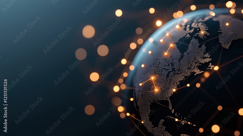 Poster a rotating, translucent earth with glowing nodes and intricate lines representing global data connec