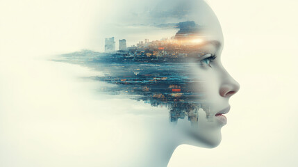 Profile of a woman fading into a cityscape at sunset, creating a surreal double exposure effect that blends human features with urban landscape