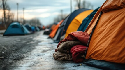 A row of colorful tents against an urban backdrop emphasizes themes of survival, community, and the everyday struggles faced by those without stable housing in cities.