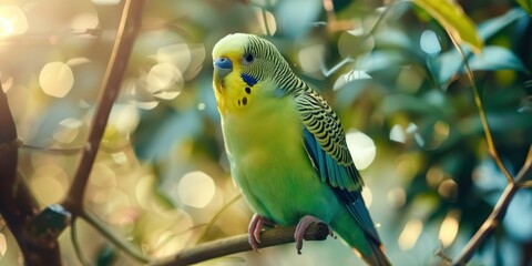 Fototapeta premium Portrait of a Budgerigar (Parakeet) with blurred aviary background, copy space, cinematic 